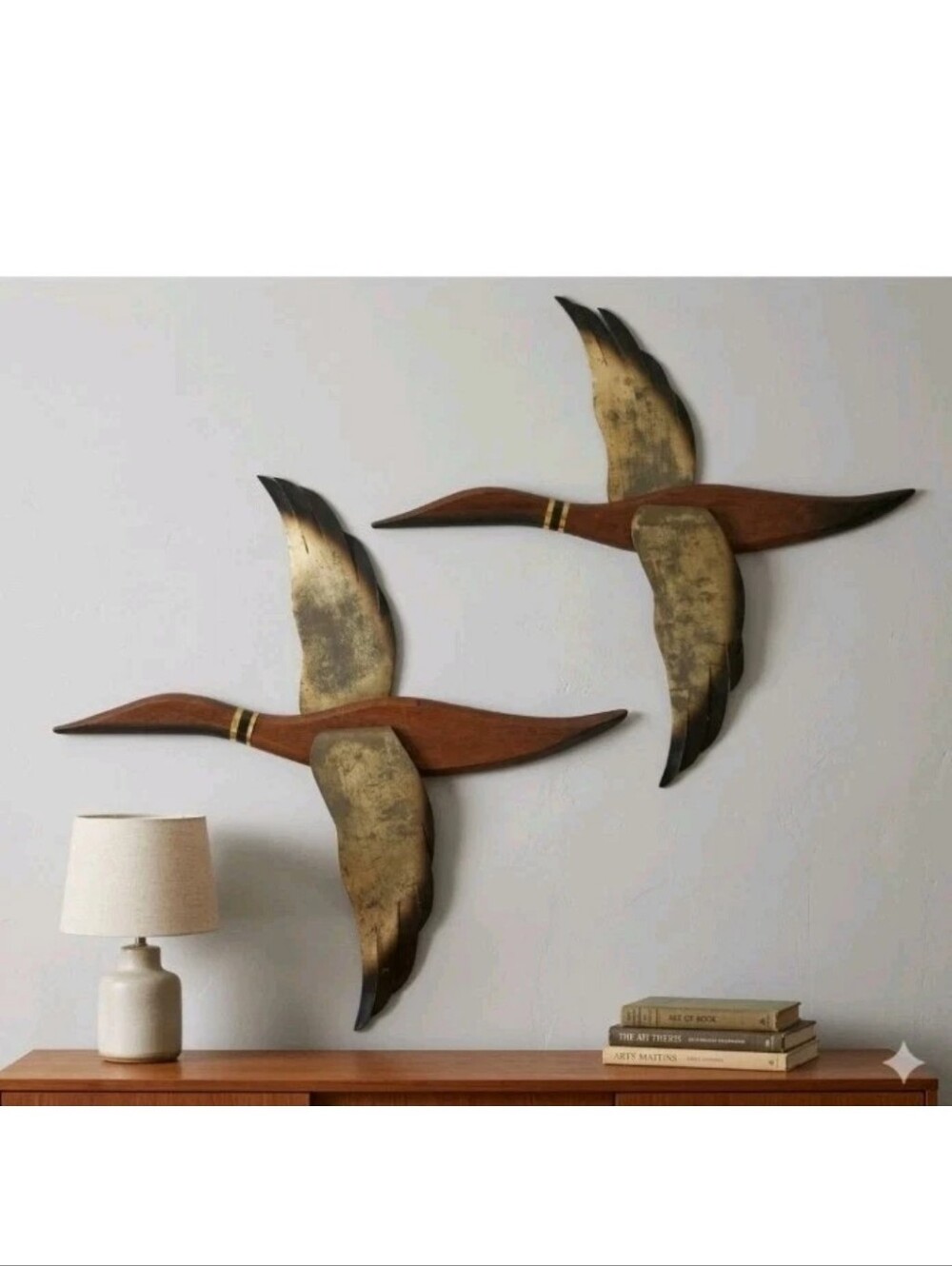 Vintage Stylecraft MCM Brass Teakwood Flying Geese Ducks Birds Decor 21” 60s